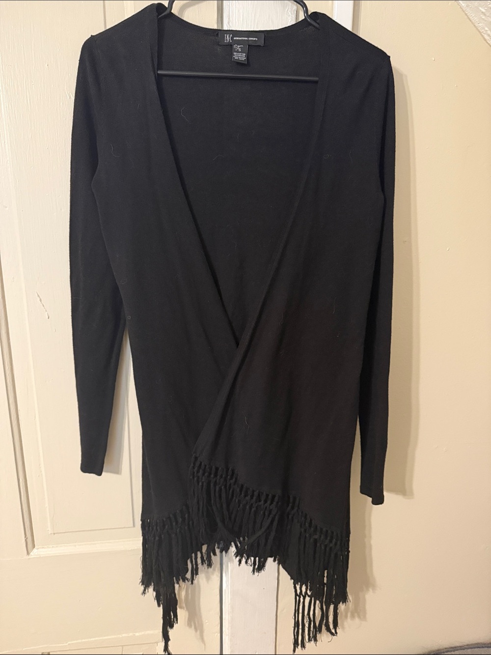 INC International Concepts Black Open-Front Fringe Knit Cardigan